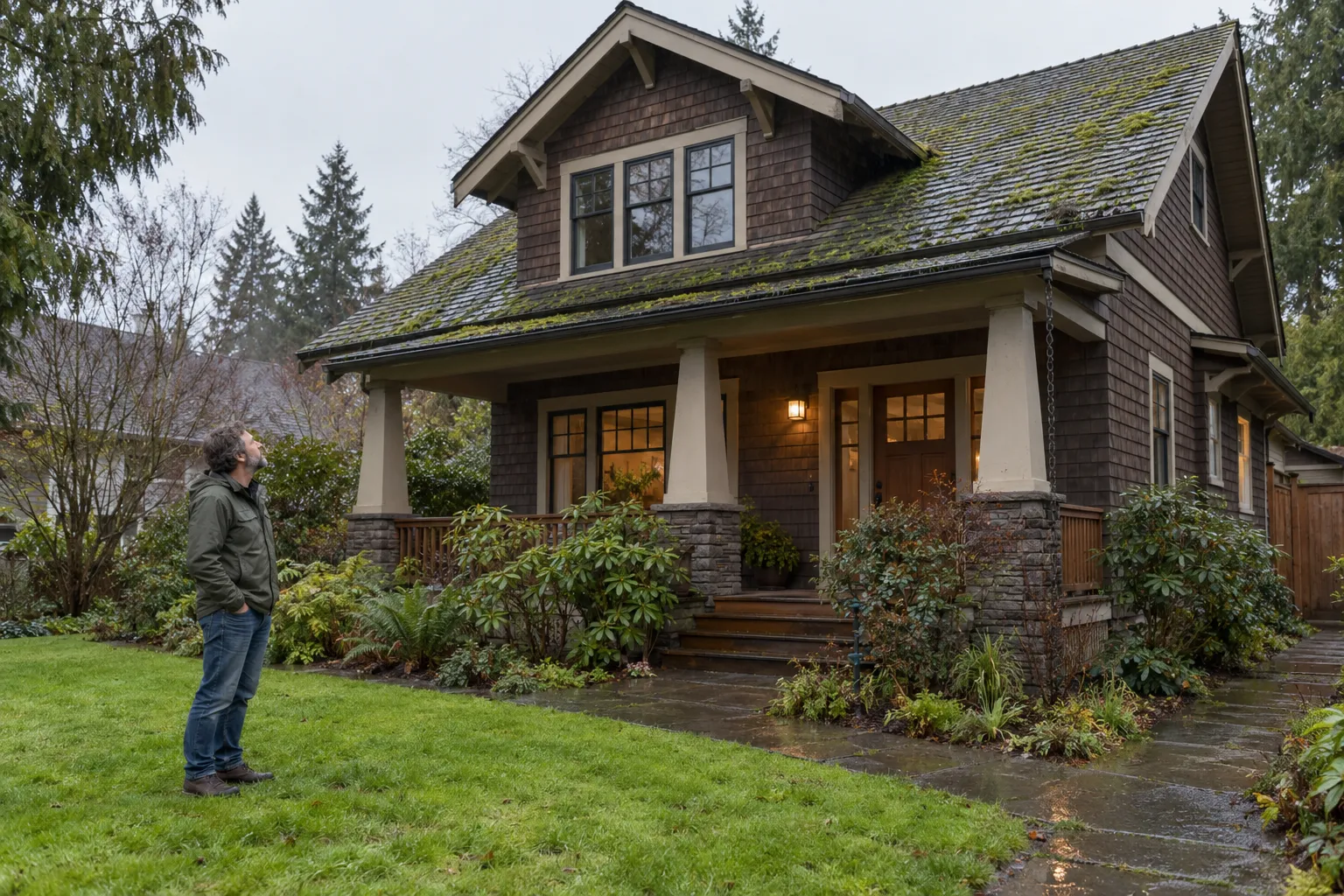 A wood-frame home in Tacoma under gray skies with a roof ready for evaluation