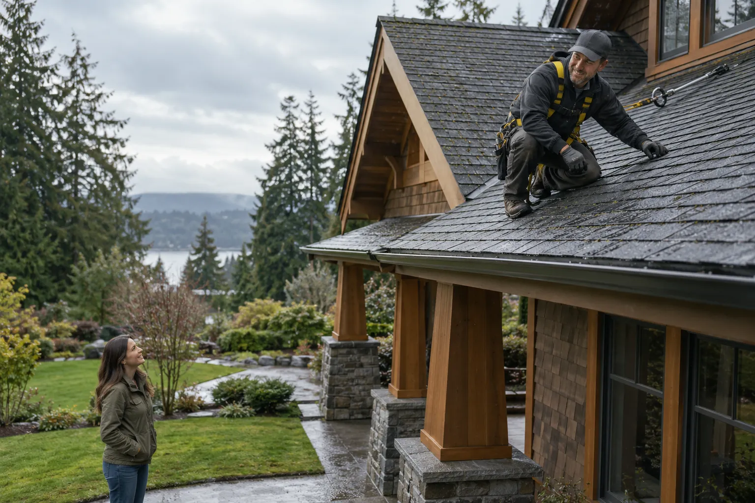 A friendly local roofing provider checking a shingle roof from a ladder on a wood-frame home in Tacoma