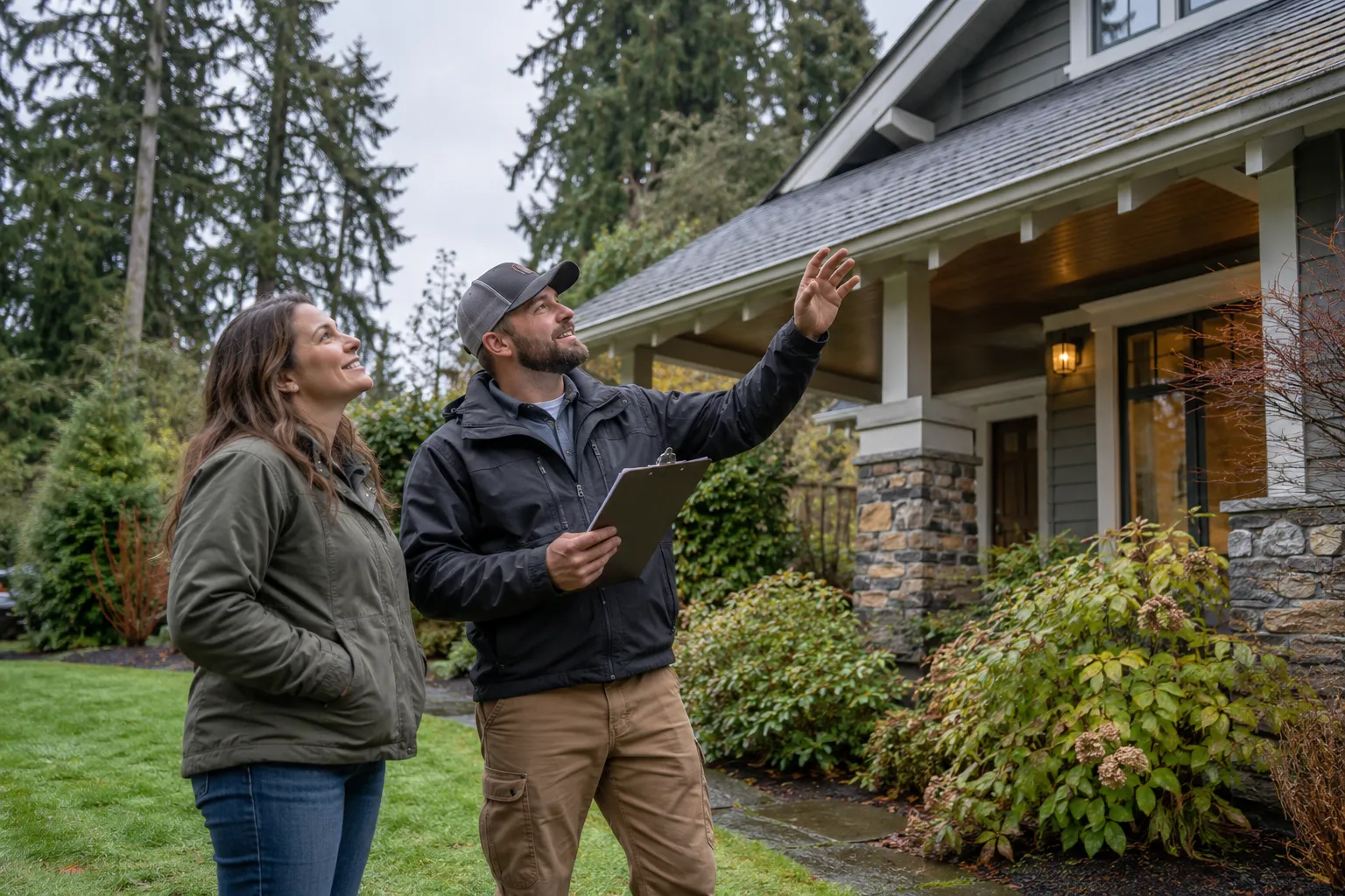 Homeowner and roofing provider looking up at a house roofline from the yard in Tacoma