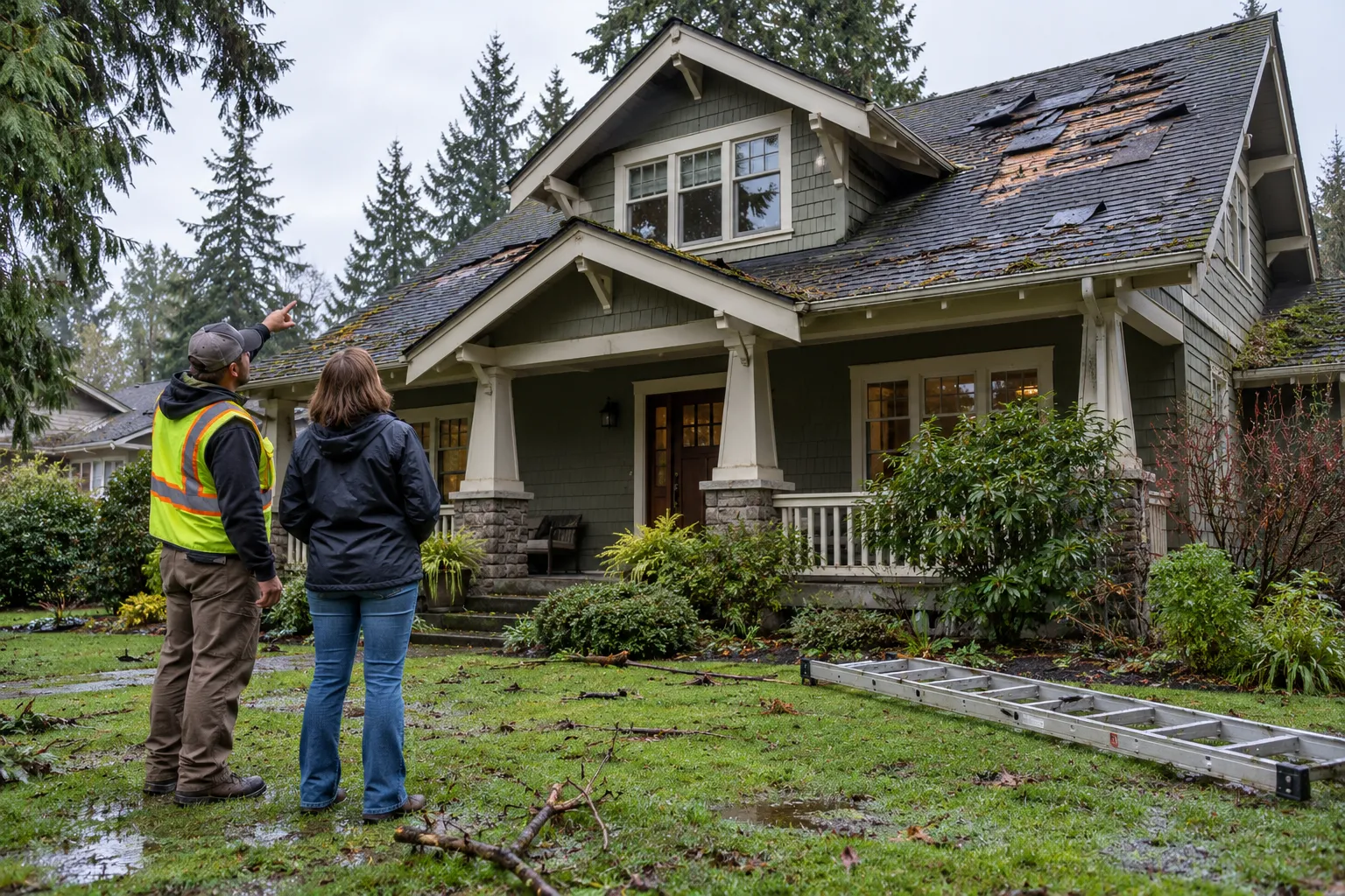 A local provider and a homeowner looking at a storm-damaged shingle roof from the yard in Tacoma
